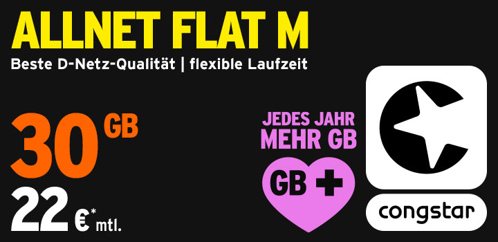 congstar Allnet Flat M: 30 GB Datenvolumen fr 22  mtl.