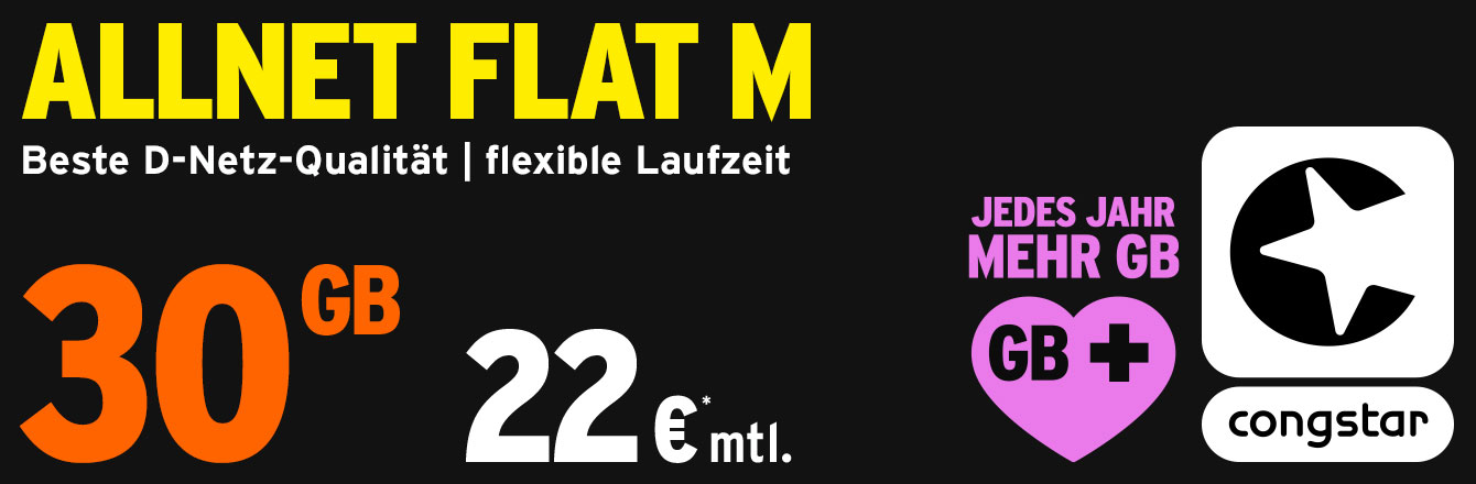 congstar Allnet Flat M: 30 GB Datenvolumen fr 22  mtl.